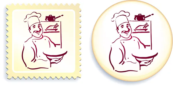 Chef on Button and Stamp Set — Stock Vector