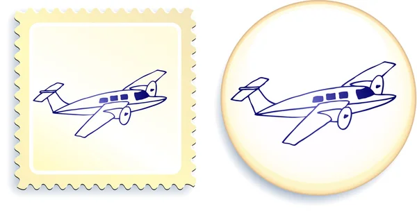 Airplane on Button and Stamp Set — Stock Vector