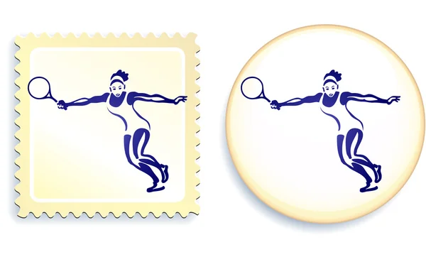 Tennis player on stamp and button set — Stock Vector
