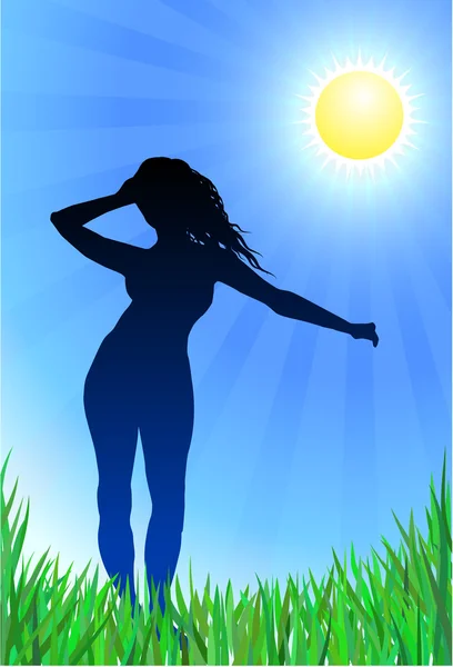 セクシーな若い女性の踊り太陽インターネットの背景と緑の芝生 — ストックベクタ