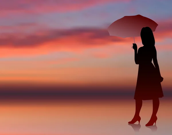 Αριστοκρατικό και σέξι γυναίκα με ομπρέλα ηλιοβασίλεμα φόντο Διαδίκτυο — Διανυσματικό Αρχείο