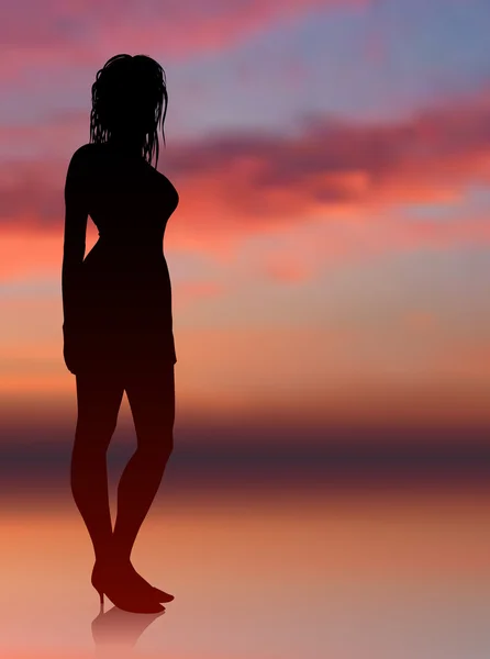 Sexy mujer de pie con puesta de sol internet fondo — Vector de stock