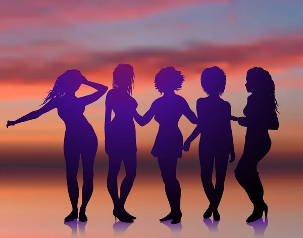 Sexy junge Frauen tanzen auf sommerlichem Sonnenuntergang Hintergrund — Stockvektor