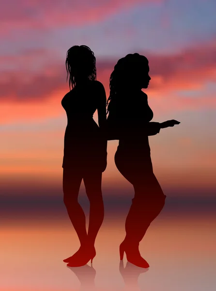 Sexy meisjes dansen met zonsondergang internet achtergrond — Stockvector