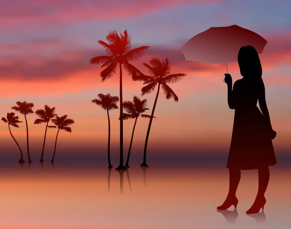 Sexy Frau auf Sonnenuntergang Hintergrund mit Bäumen — Stockvektor