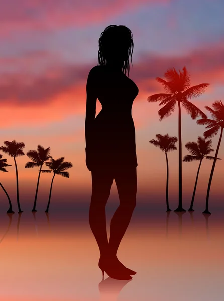 Sexy donna su sfondo tramonto con alberi — Vettoriale Stock