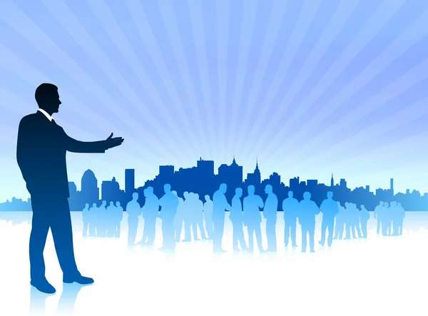 Homme d'affaires avec la ville sur fond bleu — Image vectorielle