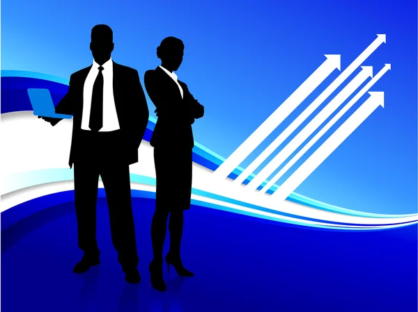Hombre de negocios y mujer de negocios en fondo azul de Internet — Vector de stock