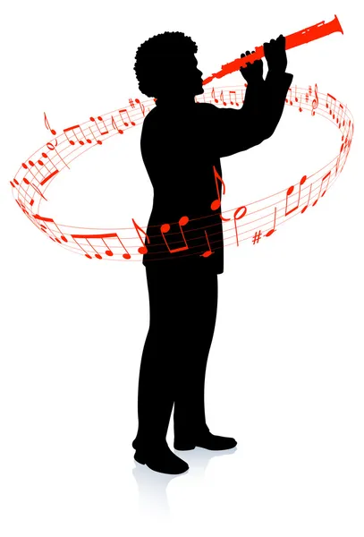Clarinet Player con notas musicales — Vector de stock