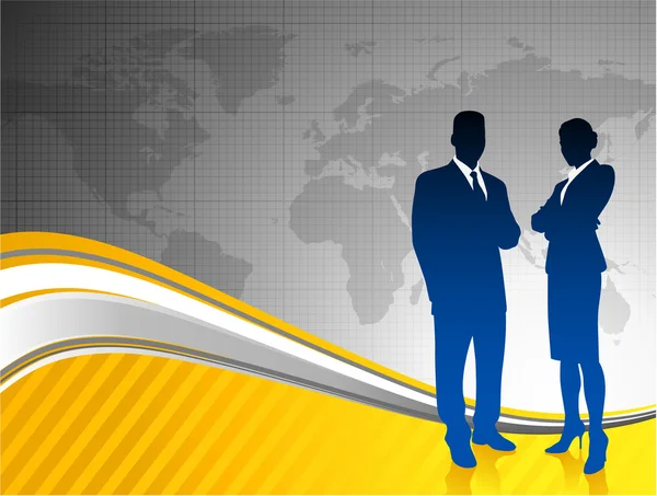 Geschäftsfrau und Geschäftsfrau auf Weltkarte Hintergrund — Stockvektor