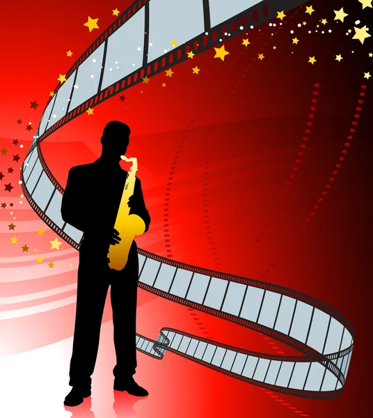 Saxophone player on film reel background — Stock Vector
