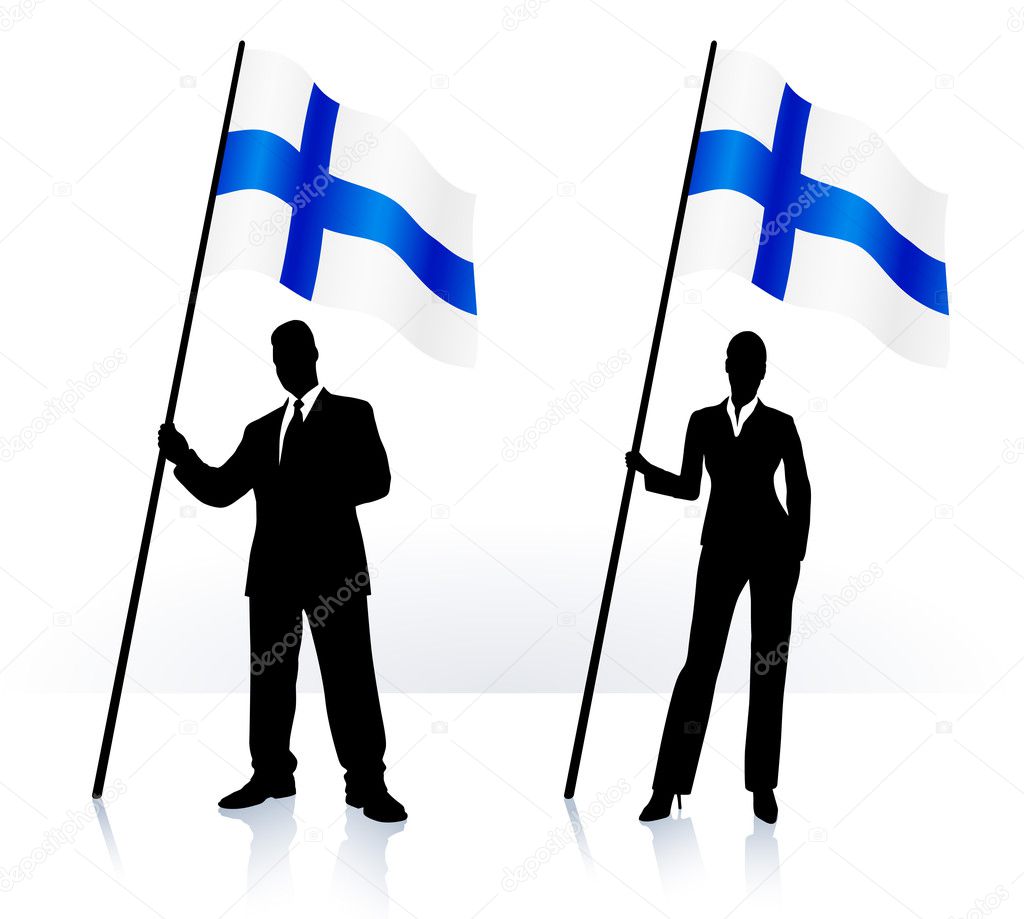 Business silhouettes with waving flag of Finland