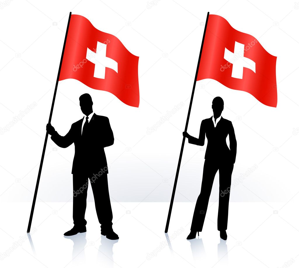 Business silhouettes with waving flag of switzerland