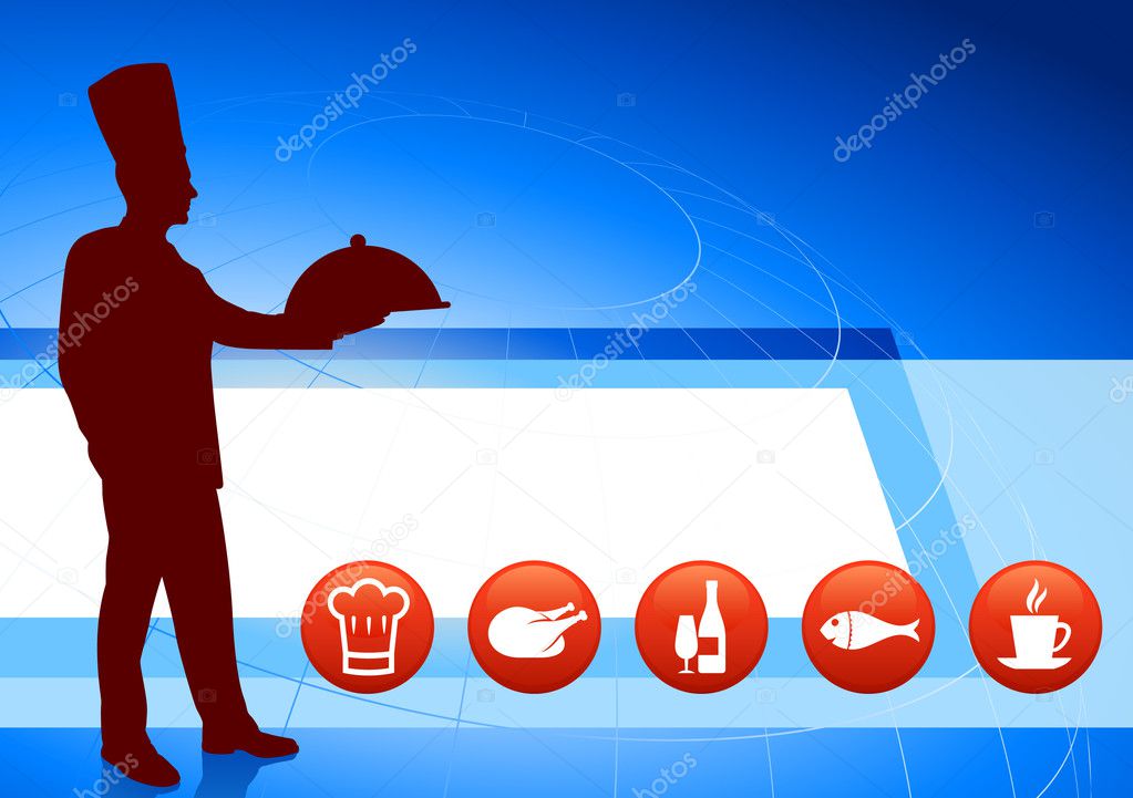 Chef on blue background with internet buttons
