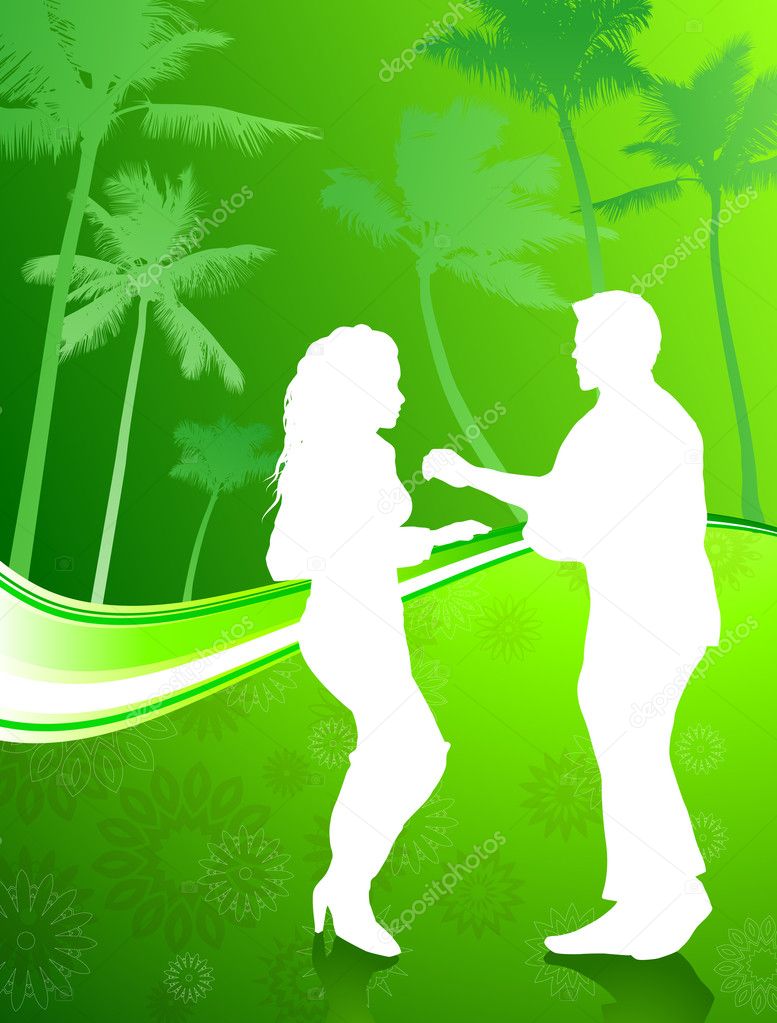 Sexy young couple dancing on palm trees summer background