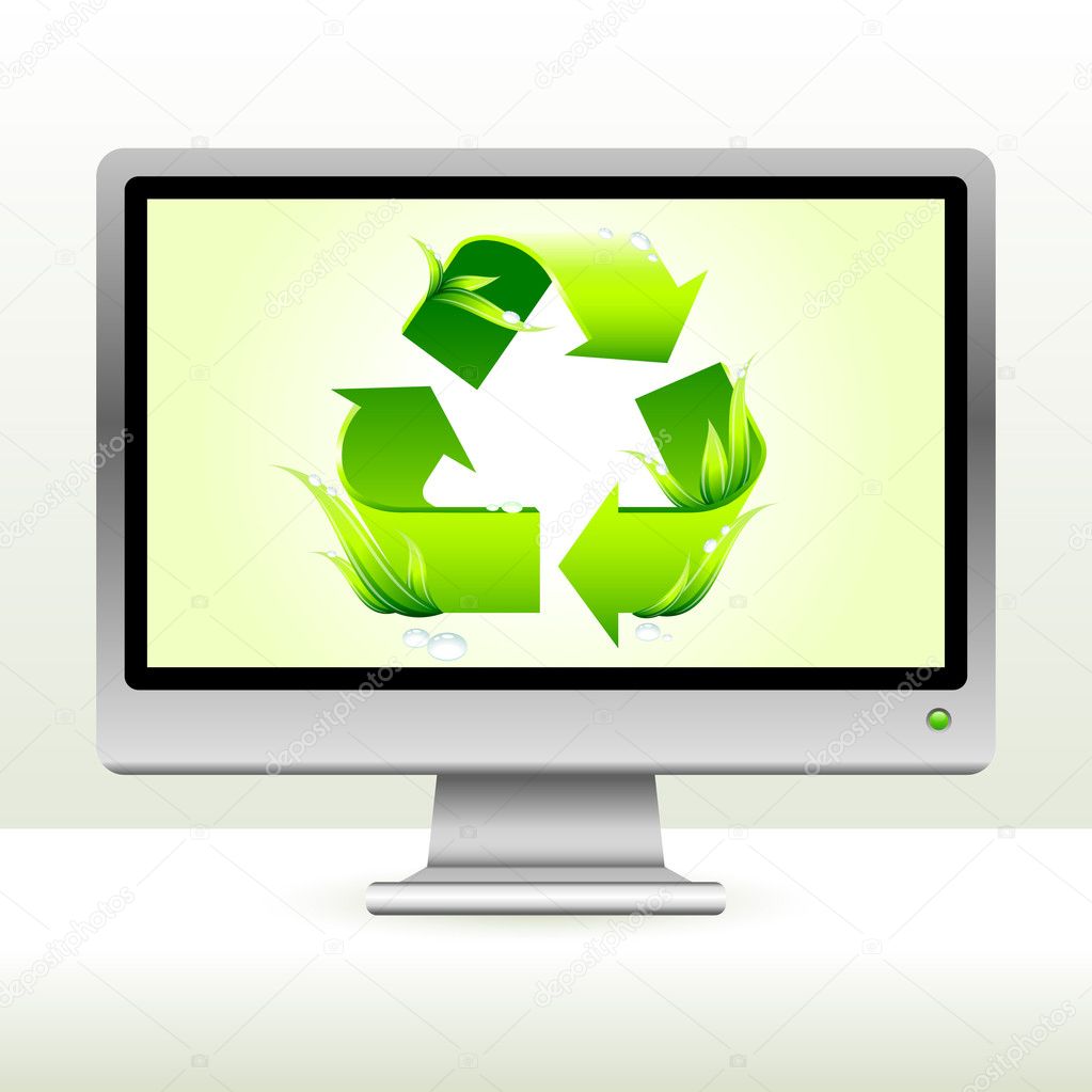 green recycle symbol on computer screen background