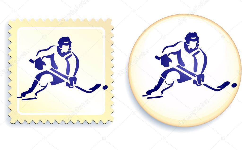 Hockey player on button and stamp Set