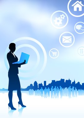 businesswoman holding computer laptop internet background with c clipart