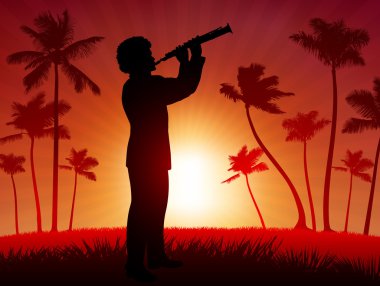 live clarinet performer on tropical red background clipart