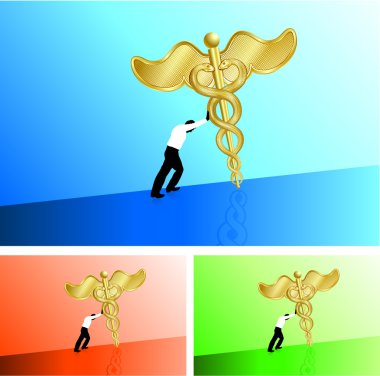 Business man pushing medical caduceus uphill clipart