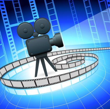 Film camra and filmstrip on blue background clipart