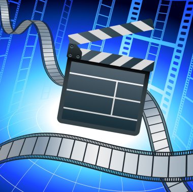 Film strip and clapper board on blue background clipart