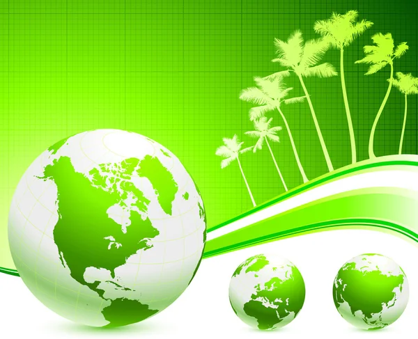 Zielone globusy na tle Internetu z palmami — Wektor stockowy
