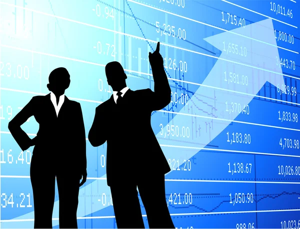 Zakenman en zakenvrouw op financiële grafiek achtergrond — Stockvector