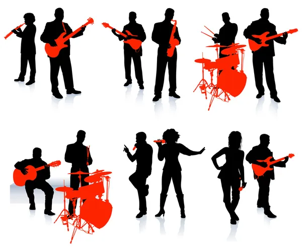Gruppo musicale con cantanti e strumenti su sfondo bianco — Vettoriale Stock