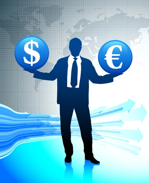 Businessman holding currency icons on world map background — Stock Vector
