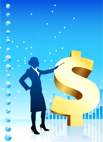 Affärskvinna på bakgrund med finansiella diagram och gyllene göra — Stock vektor