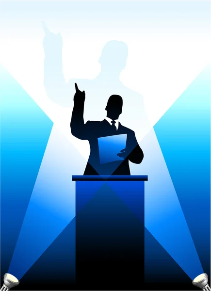 Silueta de orador político-empresarial detrás de un podio — Vector de stock