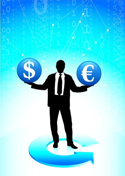 Jeune homme d'affaires avec des symboles de monnaie — Image vectorielle