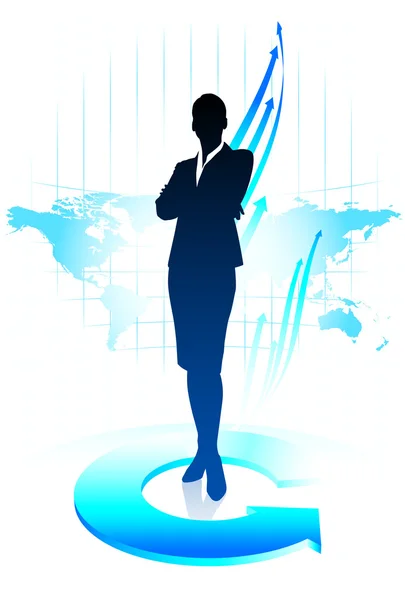 Junge Geschäftsfrau auf Weltkarte Hintergrund — Stockvektor