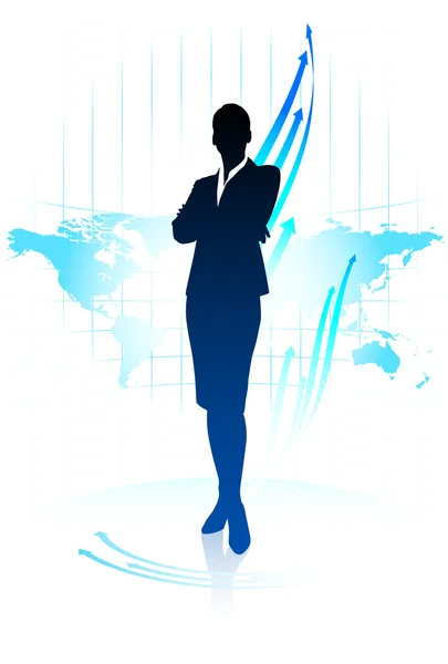 世界地図背景に若いビジネス女性 — ストックベクタ