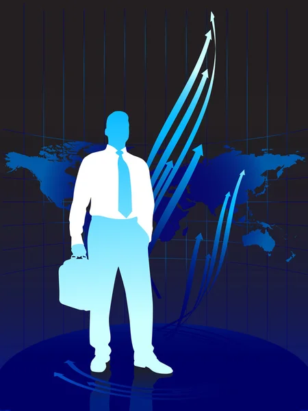 Jeune homme d'affaires sur fond de carte du monde — Image vectorielle