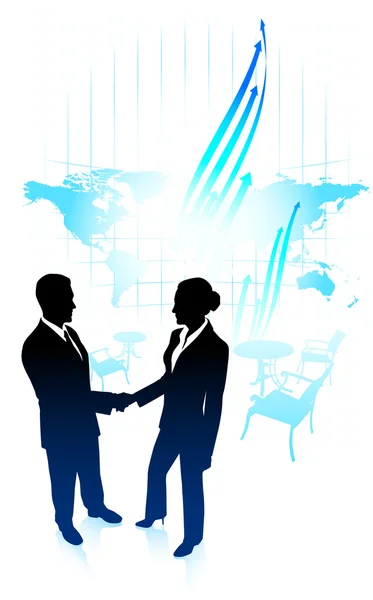 Businessman and businesswoman shaking hand on internet map backg — Stock Vector