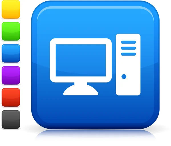 Icono del ordenador de escritorio en el botón cuadrado de Internet — Vector de stock