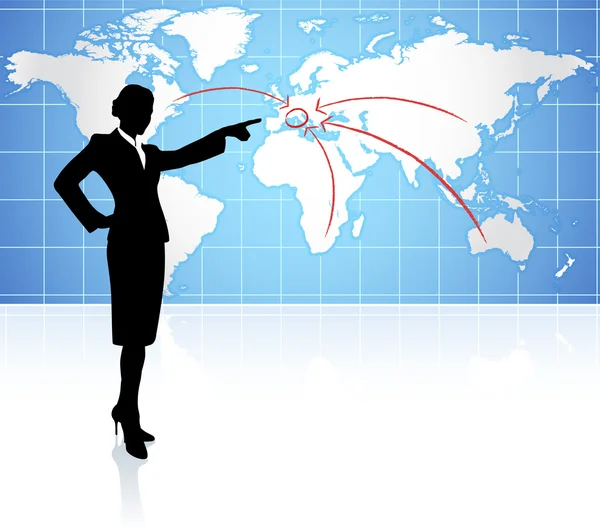 Dünya harita arka plan iş kadını — Stok Vektör