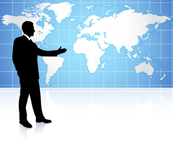 Giovane uomo d'affari che indica sullo sfondo mappa del mondo — Vettoriale Stock