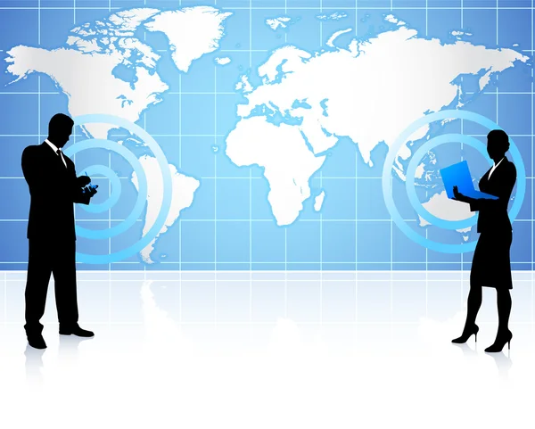 Geschäftsfrau und Geschäftsfrau über globale Kommunikation — Stockvektor
