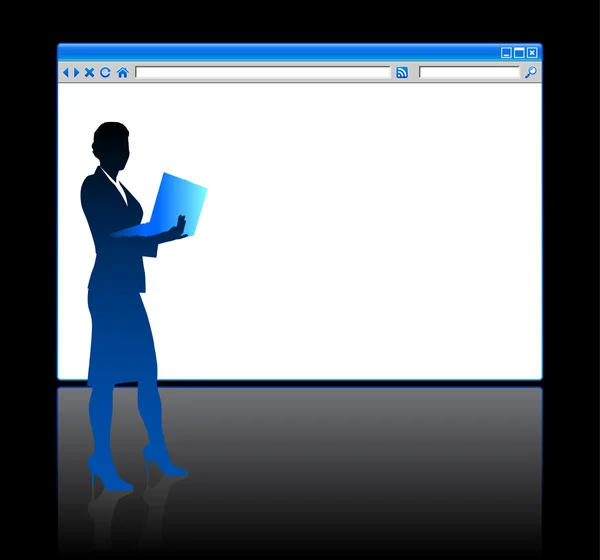 Donna d'affari sullo sfondo con pagina vuota del browser web — Vettoriale Stock