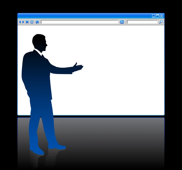 Homme d'affaires en arrière-plan avec navigateur web page blanche — Image vectorielle