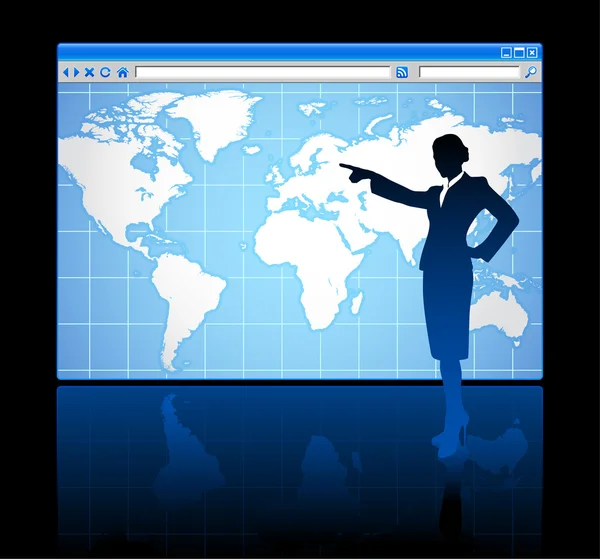 Geschäftsfrau mit Weltkartenhintergrund — Stockvektor