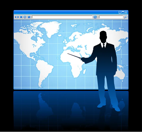 Homem de negócios no navegador web conceito de internet com mapa do mundo —  Vetores de Stock