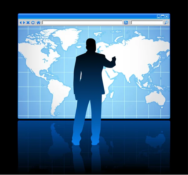 Homem de negócios no navegador web conceito de internet com mapa do mundo — Vetor de Stock