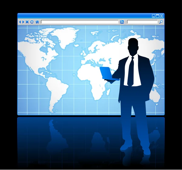 Business man sul browser internet concetto con mappa del mondo — Vettoriale Stock