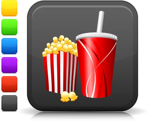 Ikona popcornem i napojami orzeźwiającymi, na placu internet przycisk — Wektor stockowy