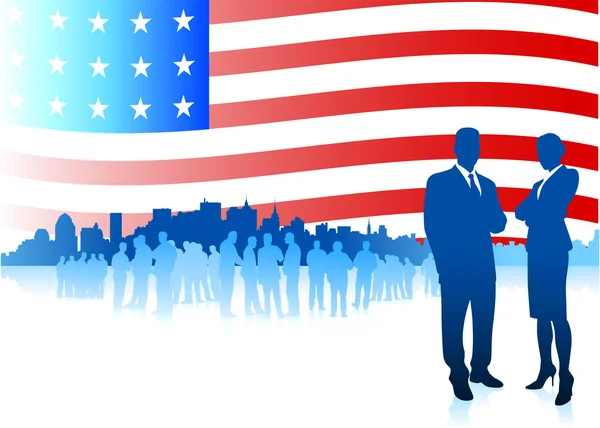Équipe d'affaires sur fond de drapeau patriotique américain — Image vectorielle