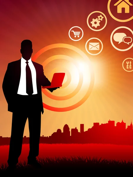 Homme d'affaires tenant ordinateur portable sur fond de coucher de soleil avec sk — Image vectorielle
